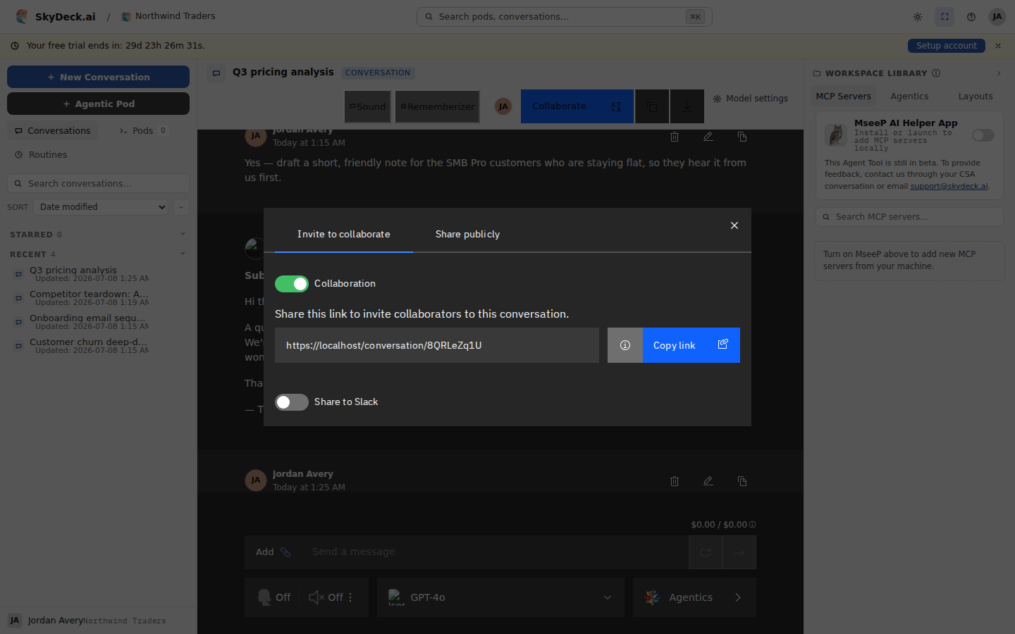 The Collaborate modal — invite teammates by link, or share to Slack.