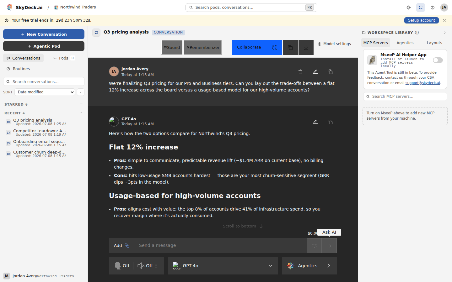 A GenStudio conversation — model selector, Collaborate, and the workspace library at right.