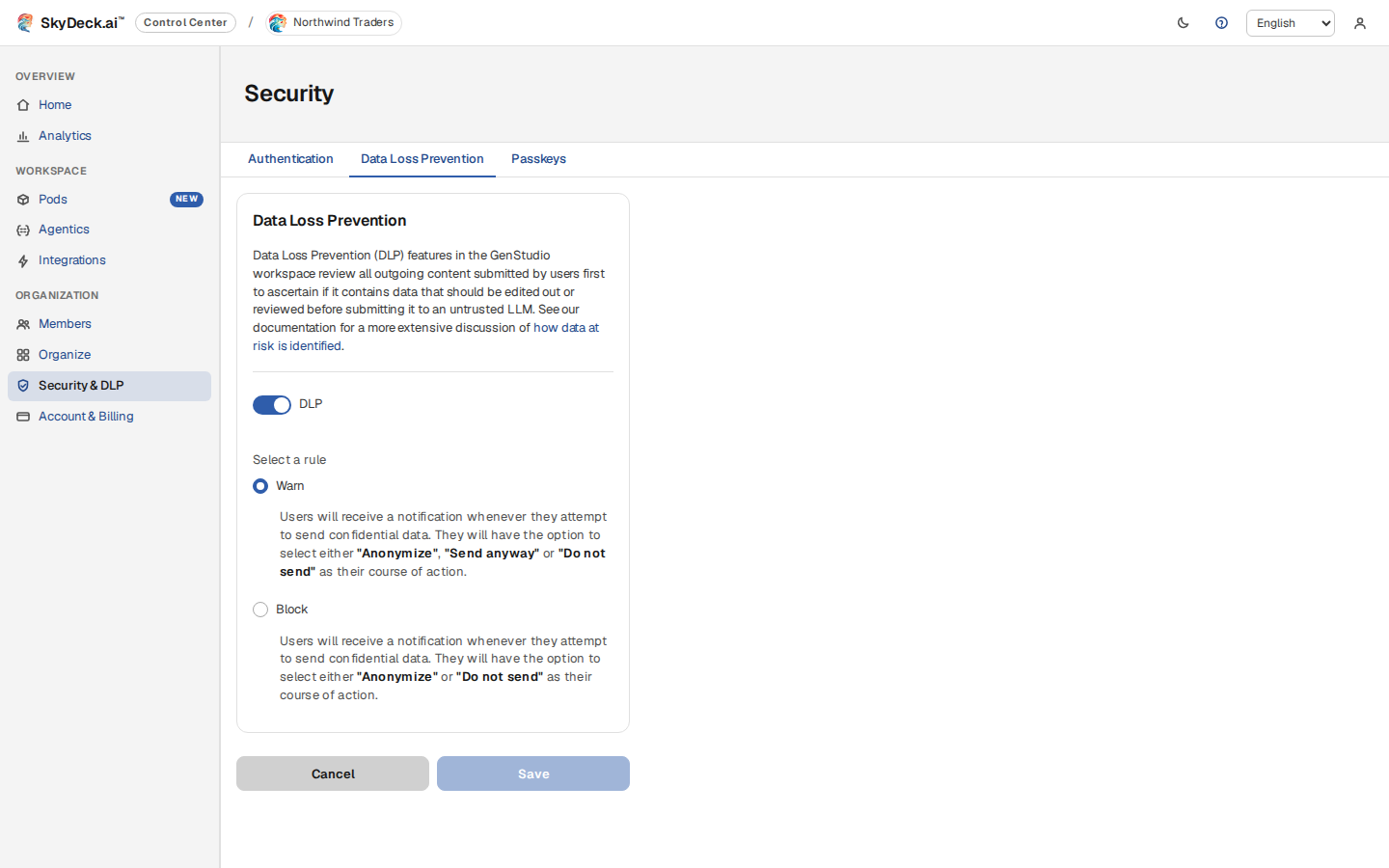 Security & DLP in Control Center — choose Warn or Block for confidential data.
